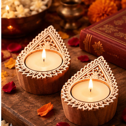 Handcrafted Paisley Wooden Tealight Diya Holders – Set of 2