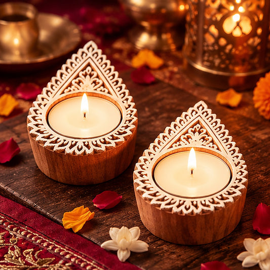 Handcrafted Paisley Wooden Tealight Diya Holders – Set of 2