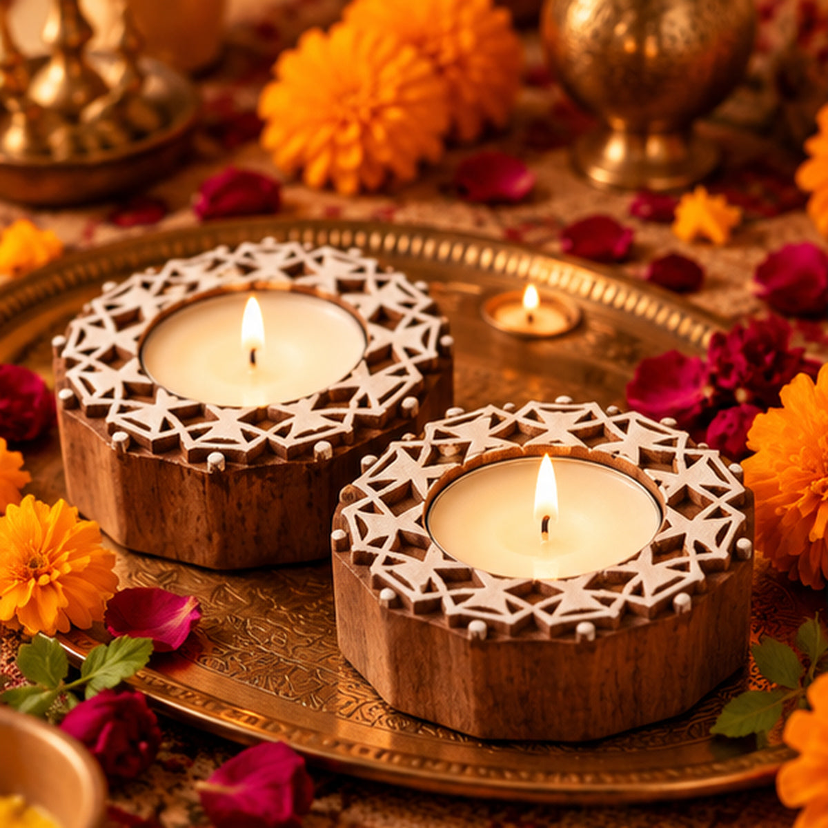 Star Lattice Wooden Tealight Diya Holders – Set of 2
