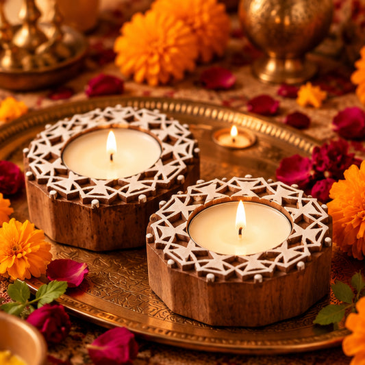 Star Lattice Wooden Tealight Diya Holders – Set of 2
