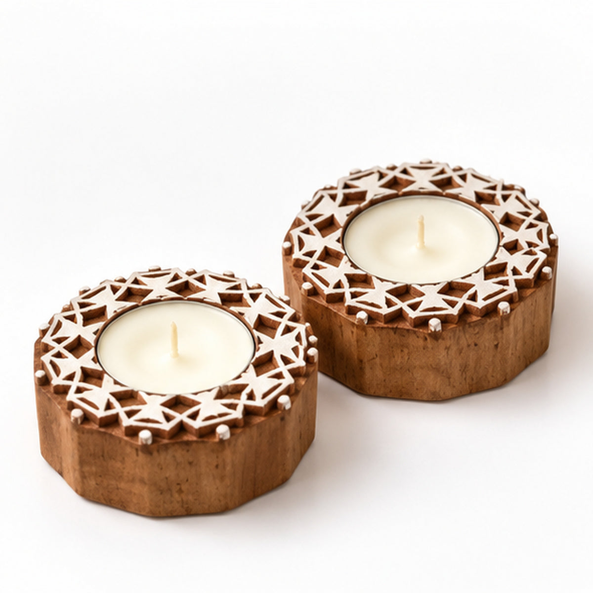 Star Lattice Wooden Tealight Diya Holders – Set of 2