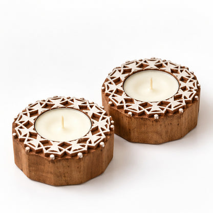 Star Lattice Wooden Tealight Diya Holders – Set of 2