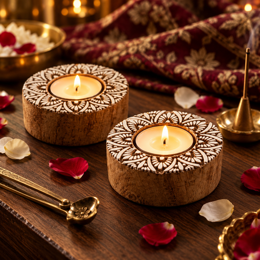 Handcrafted Floral Mandala Wooden Tealight Diya Holders – Set of 2