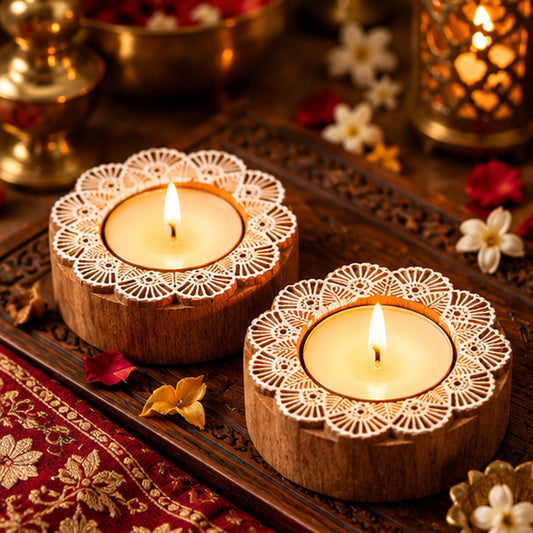 Handcrafted Floral Mandala Wooden Tealight Diya Holders – Set of 2
