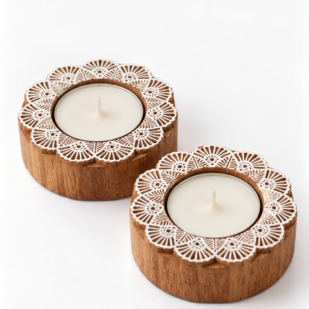 Handcrafted Floral Mandala Wooden Tealight Diya Holders – Set of 2