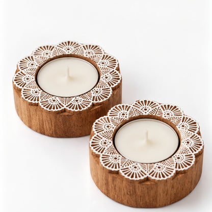 Handcrafted Floral Mandala Wooden Tealight Diya Holders – Set of 2