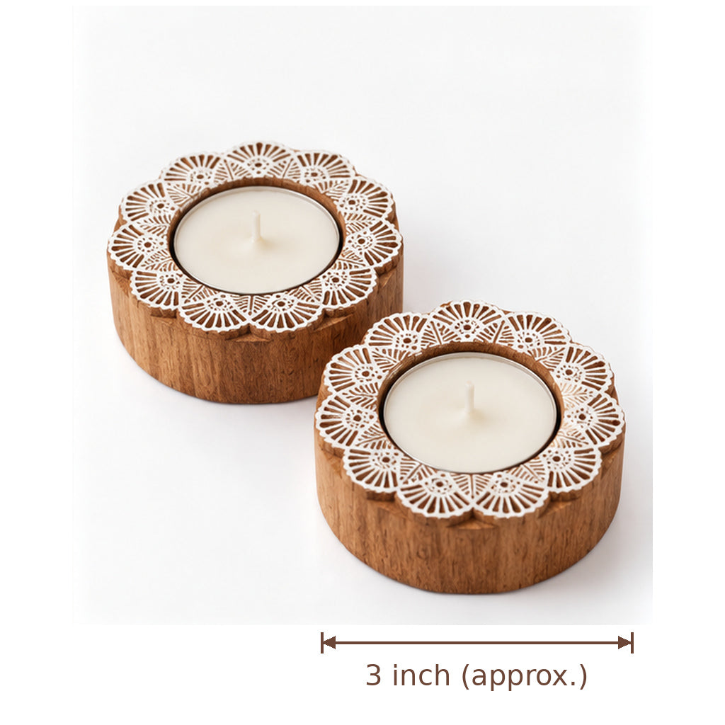 Handcrafted Floral Mandala Wooden Tealight Diya Holders – Set of 2