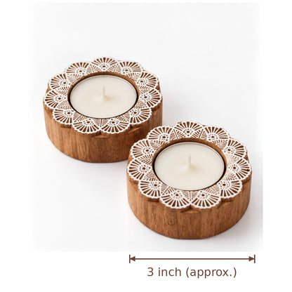 Handcrafted Floral Mandala Wooden Tealight Diya Holders – Set of 2