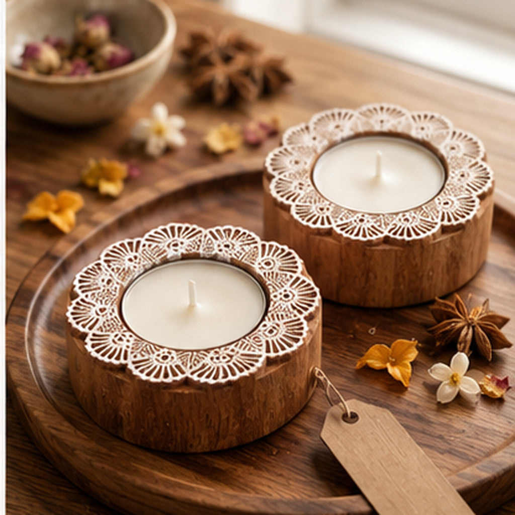 Handcrafted Floral Mandala Wooden Tealight Diya Holders – Set of 2