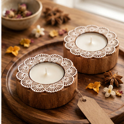Handcrafted Floral Mandala Wooden Tealight Diya Holders – Set of 2