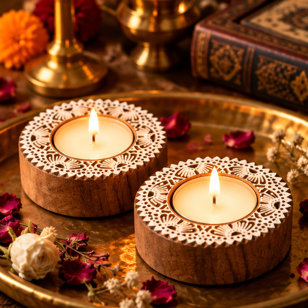 Floral Lace Mandala Wooden Tealight Diya Holders – Set of 2