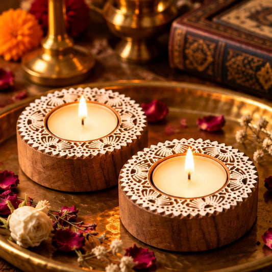 Floral Lace Mandala Wooden Tealight Diya Holders – Set of 2