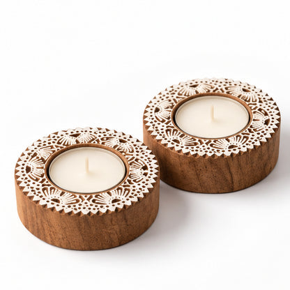 Floral Lace Mandala Wooden Tealight Diya Holders – Set of 2