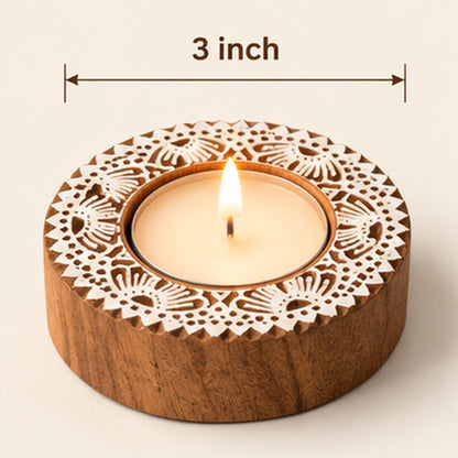 Floral Lace Mandala Wooden Tealight Diya Holders – Set of 2