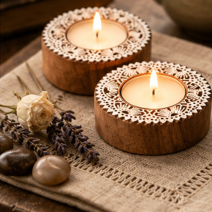 Floral Lace Mandala Wooden Tealight Diya Holders – Set of 2