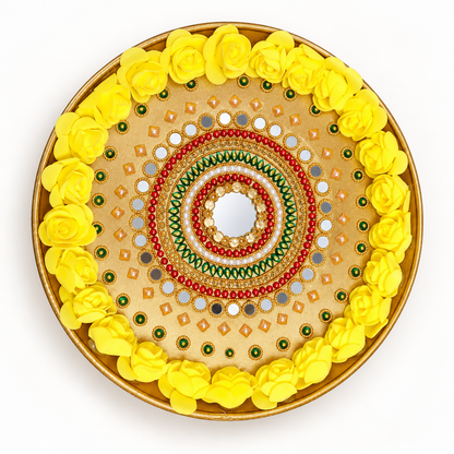 Decorative Pooja Thali with Yellow Roses | 10 Inch