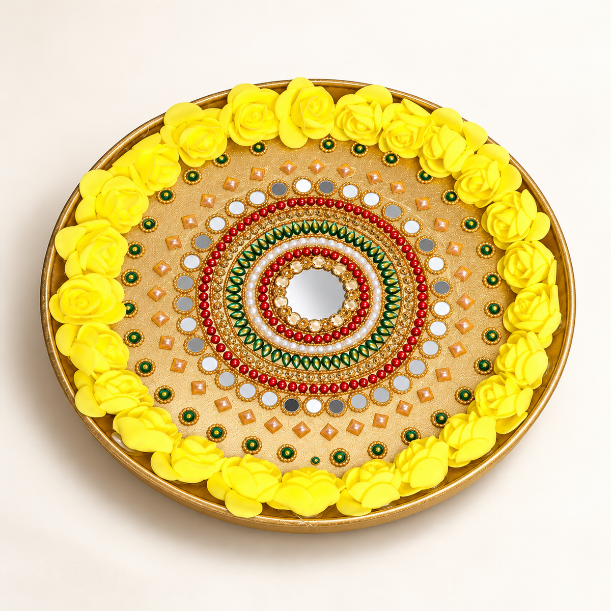 Decorative Pooja Thali with Yellow Roses | 10 Inch