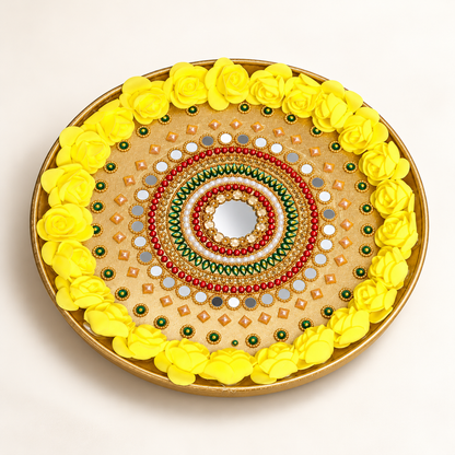 Decorative Pooja Thali with Yellow Roses | 10 Inch