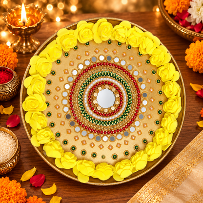 Decorative Pooja Thali with Yellow Roses | 10 Inch