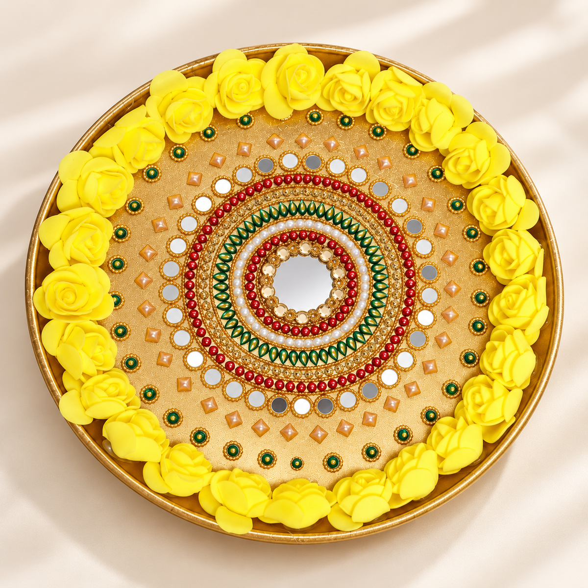 Decorative Pooja Thali with Yellow Roses | 10 Inch