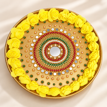 Decorative Pooja Thali with Yellow Roses | 10 Inch