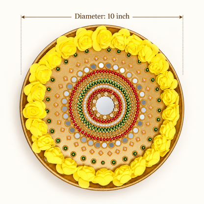 Decorative Pooja Thali with Yellow Roses | 10 Inch