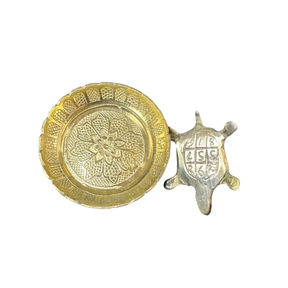 Brass Turtle with Plate and Vastu Shree Yantra on Tortoise