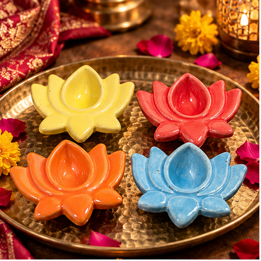 Multicolour Ceramic Lotus Diyas – Set of 4