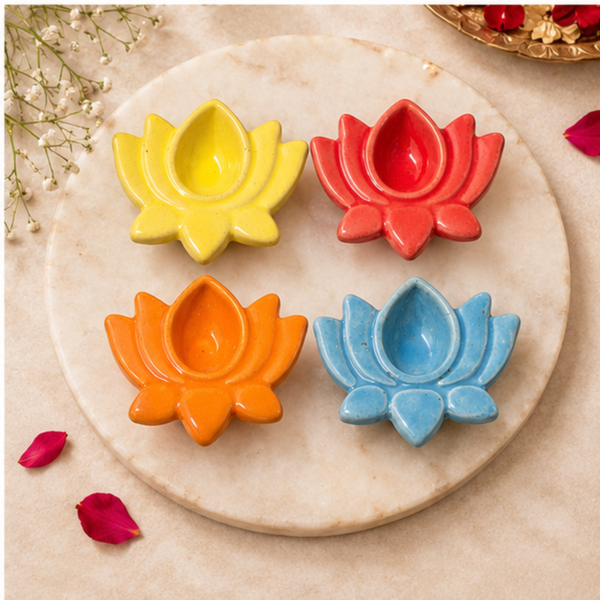 Multicolour Ceramic Lotus Diyas – Set of 4