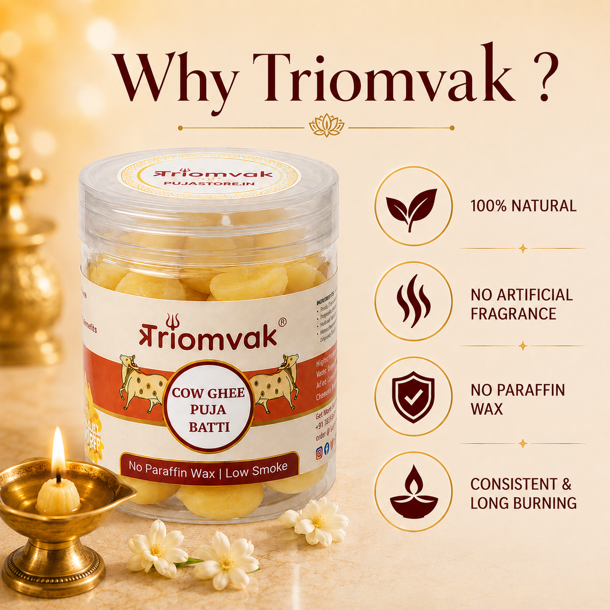 Triomvak Pure Cow Ghee Diya Batti - Small