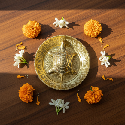 Brass Turtle with Plate and Vastu Shree Yantra on Tortoise