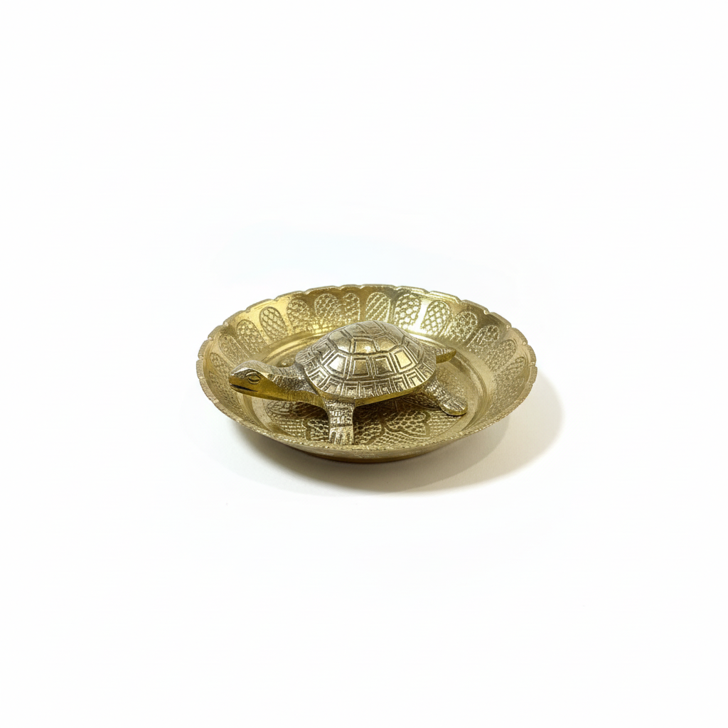 Brass Turtle with Plate and Vastu Shree Yantra on Tortoise