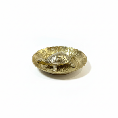 Brass Turtle with Plate and Vastu Shree Yantra on Tortoise