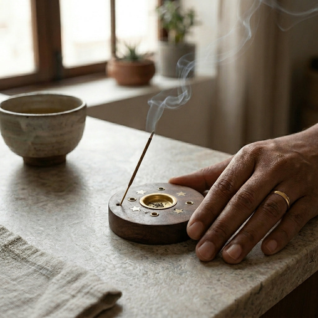 Circle Base Sheesham wood Agarbati Stand with Dhoop holder