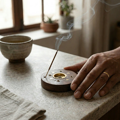 Circle Base Sheesham wood Agarbati Stand with Dhoop holder