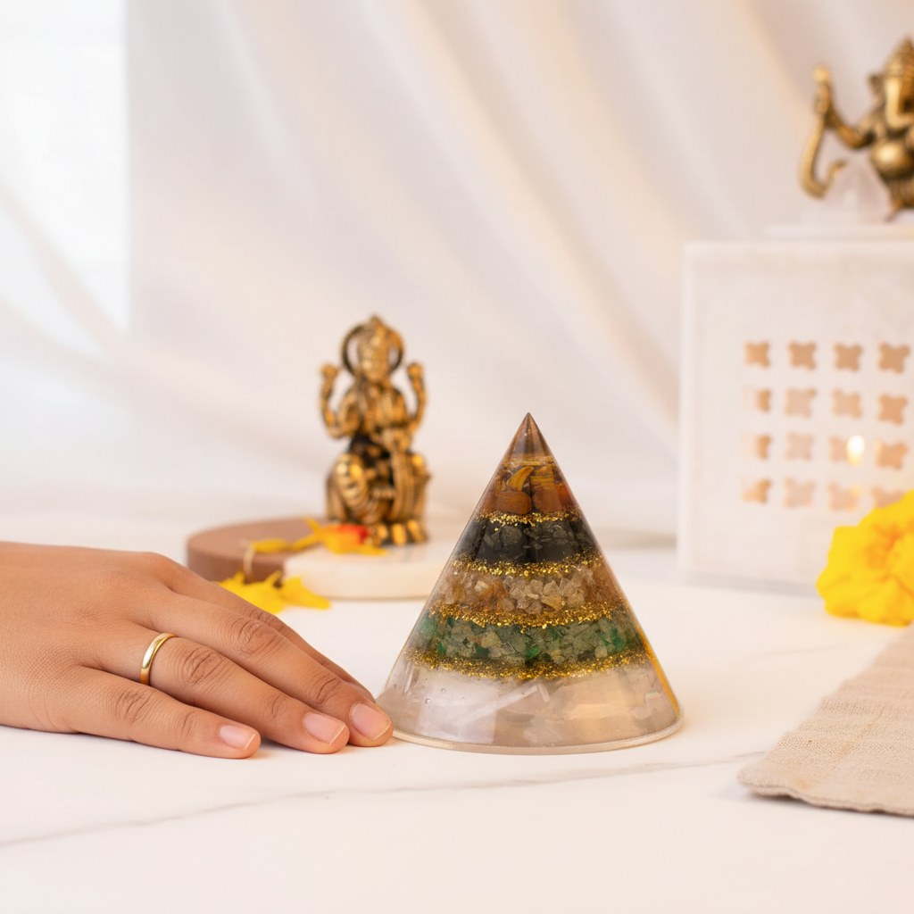 Conical Dhan Yog Pyramid With Selenite Base