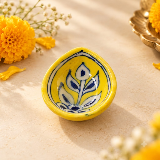 Handpainted Ceramic Diya - Jaipur Blue Pottery Art - Yellow-white