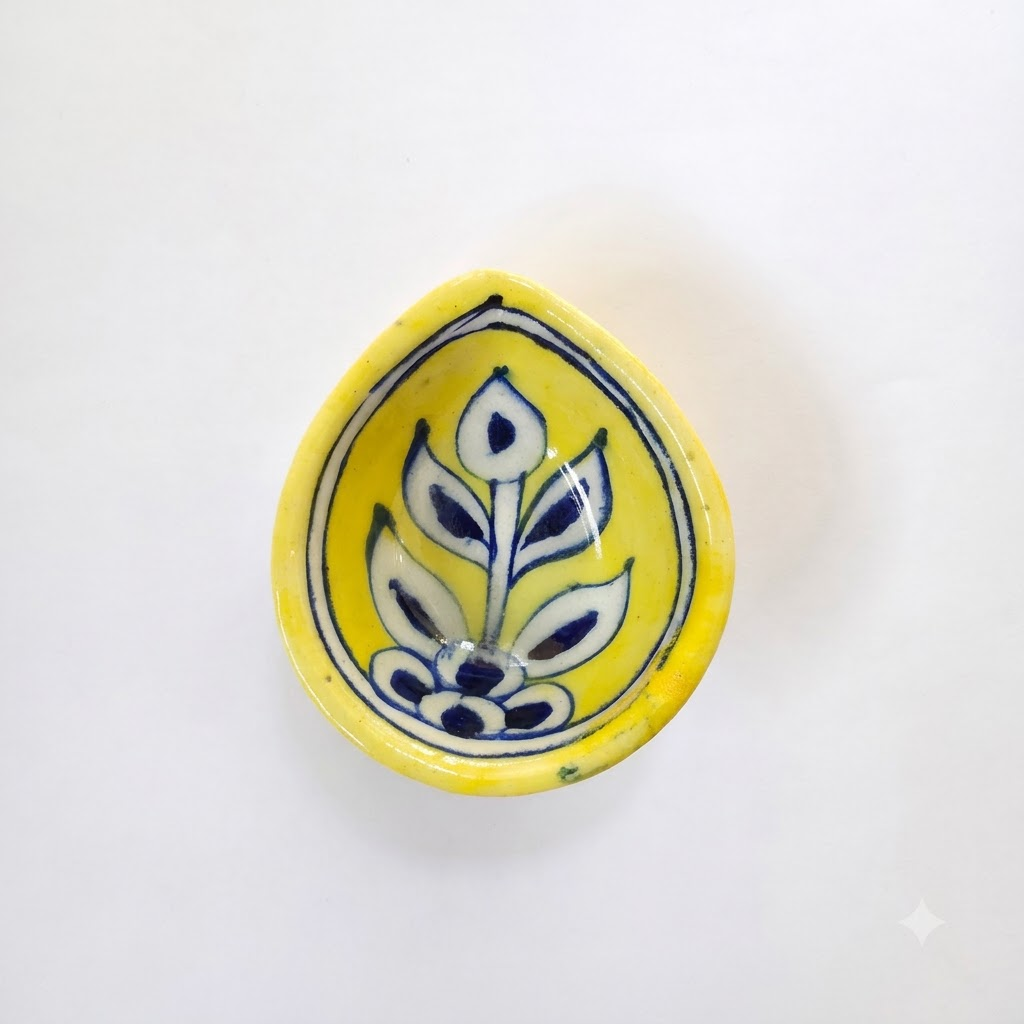 Handpainted Ceramic Diya - Jaipur Blue Pottery Art - Yellow-white