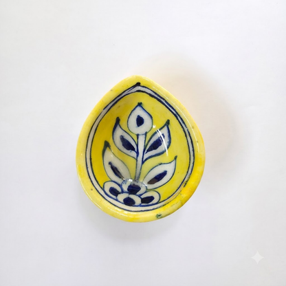 Handpainted Ceramic Diya - Jaipur Blue Pottery Art - Yellow-white