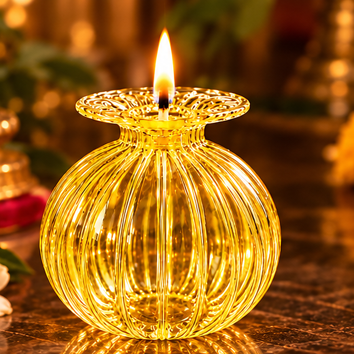 Premium Floral Glass Akhand Diya - Yellow