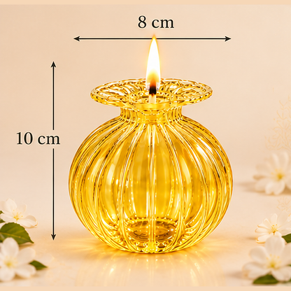 Premium Floral Glass Akhand Diya - Yellow